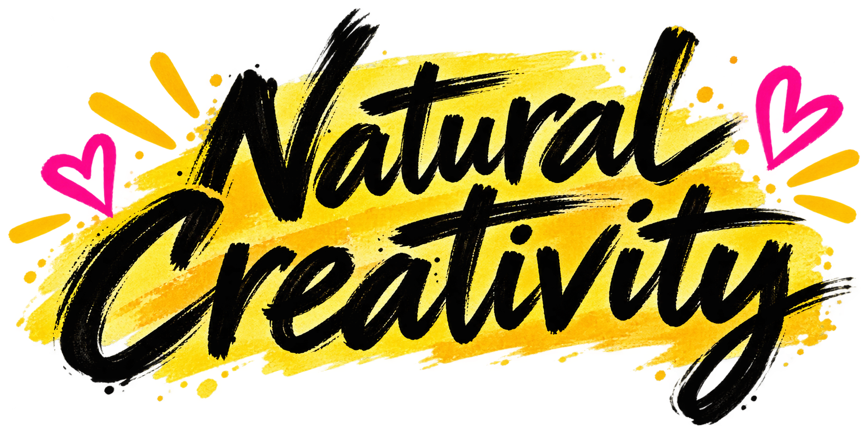 Natural Creativity in expressive black lettering over a yellow brushstroke with pink hearts