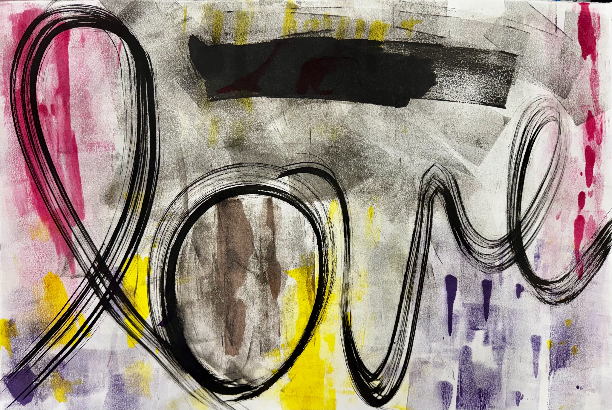 Tye Johnson’s expressive love artwork in black brush lettering with pink, yellow, and purple marks