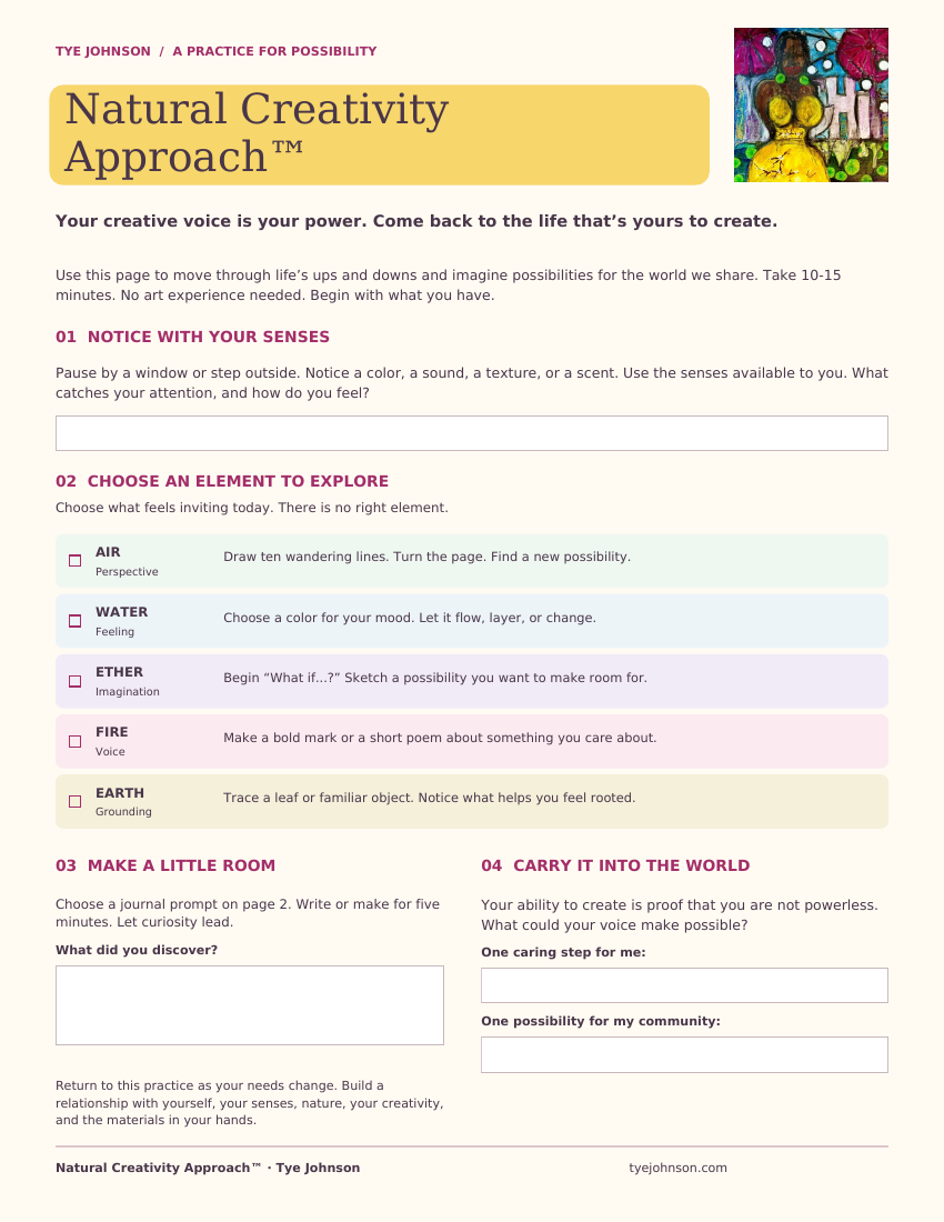 First page of the Natural Creativity Approach companion with a link to the journal prompts on page two
