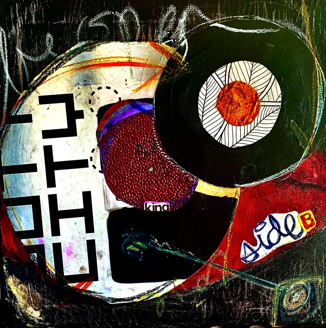 b(e) side by Tye Johnson, a textured collage painting featuring a vinyl record, headphones, and the words side B