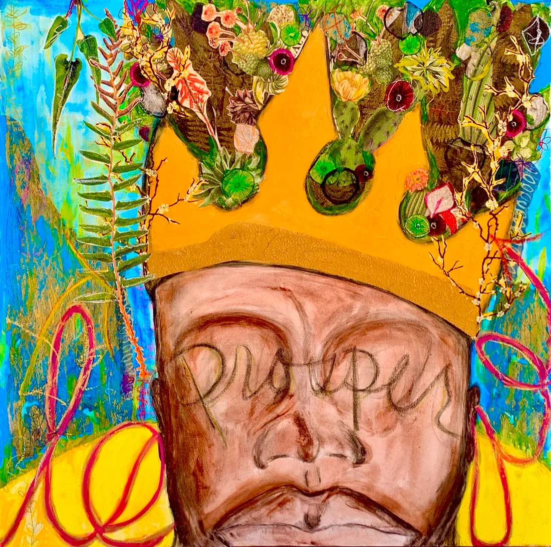 A colorful crowned figure and botanical collage from flourish & prosper… by Tye Johnson