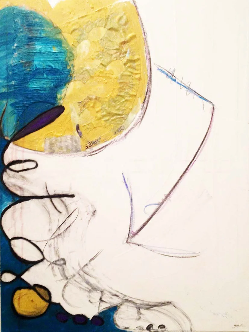A flowing white form and turquoise and yellow shapes with pencil lines and textured collage, painting 2 from Love is Messy… Let Go… by Tye Johnson
