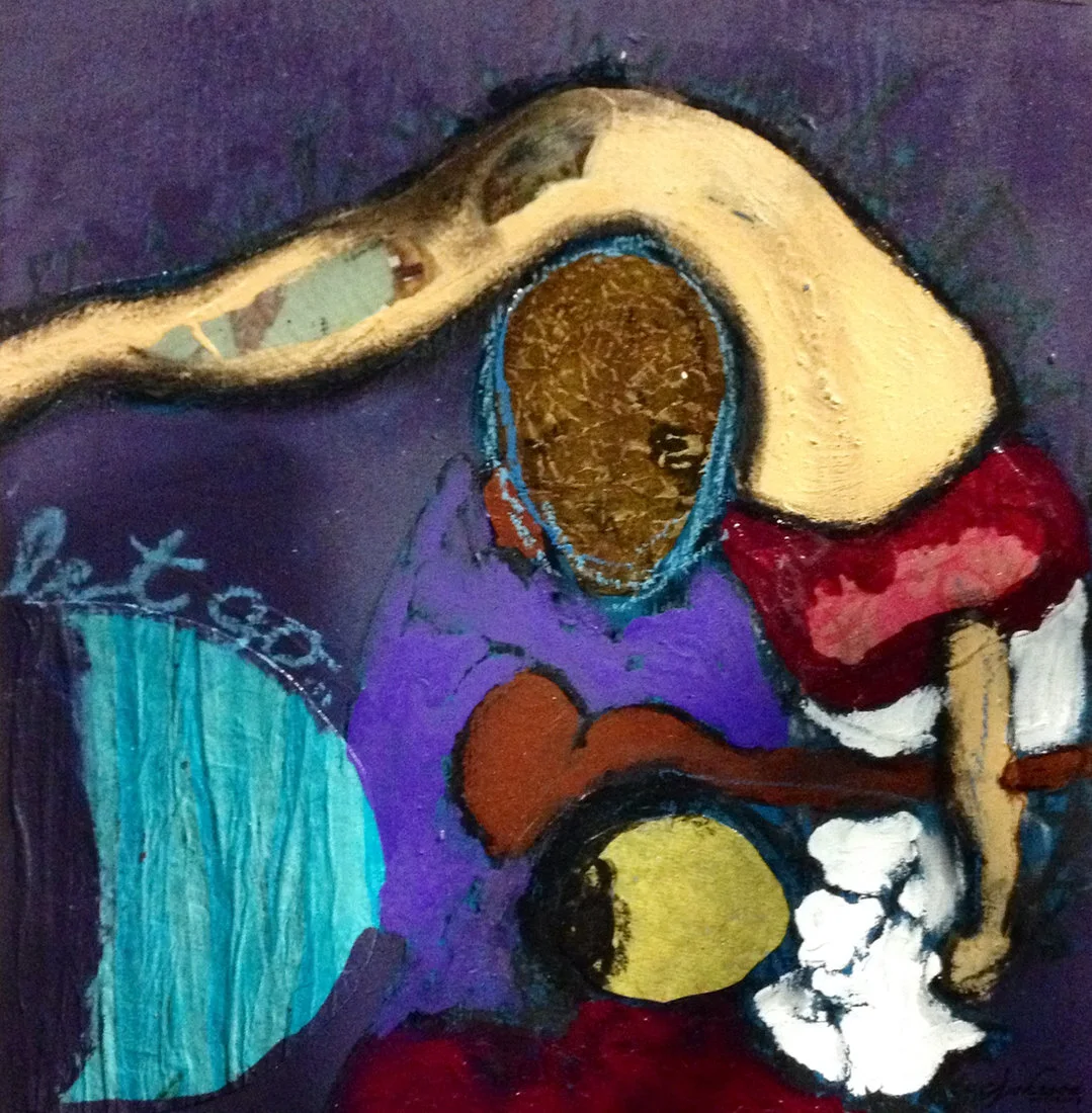 Two expressive figures leaning toward one another in purple, turquoise, red, and gold, painting 3 from Love is Messy… Let Go… by Tye Johnson