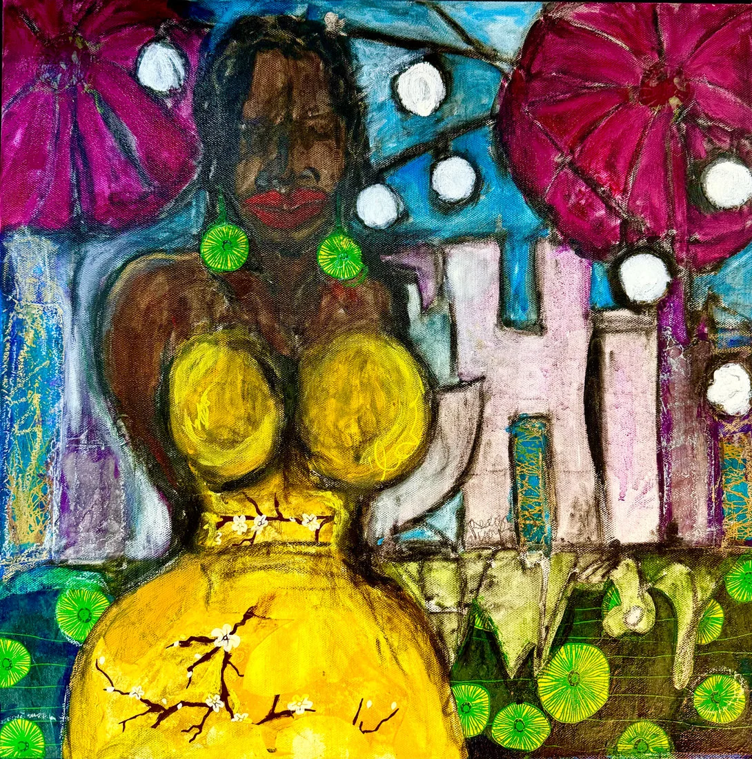 Tye Johnson’s light traveler… painting from recognize your light…, with expressive figures in magenta, turquoise, and yellow