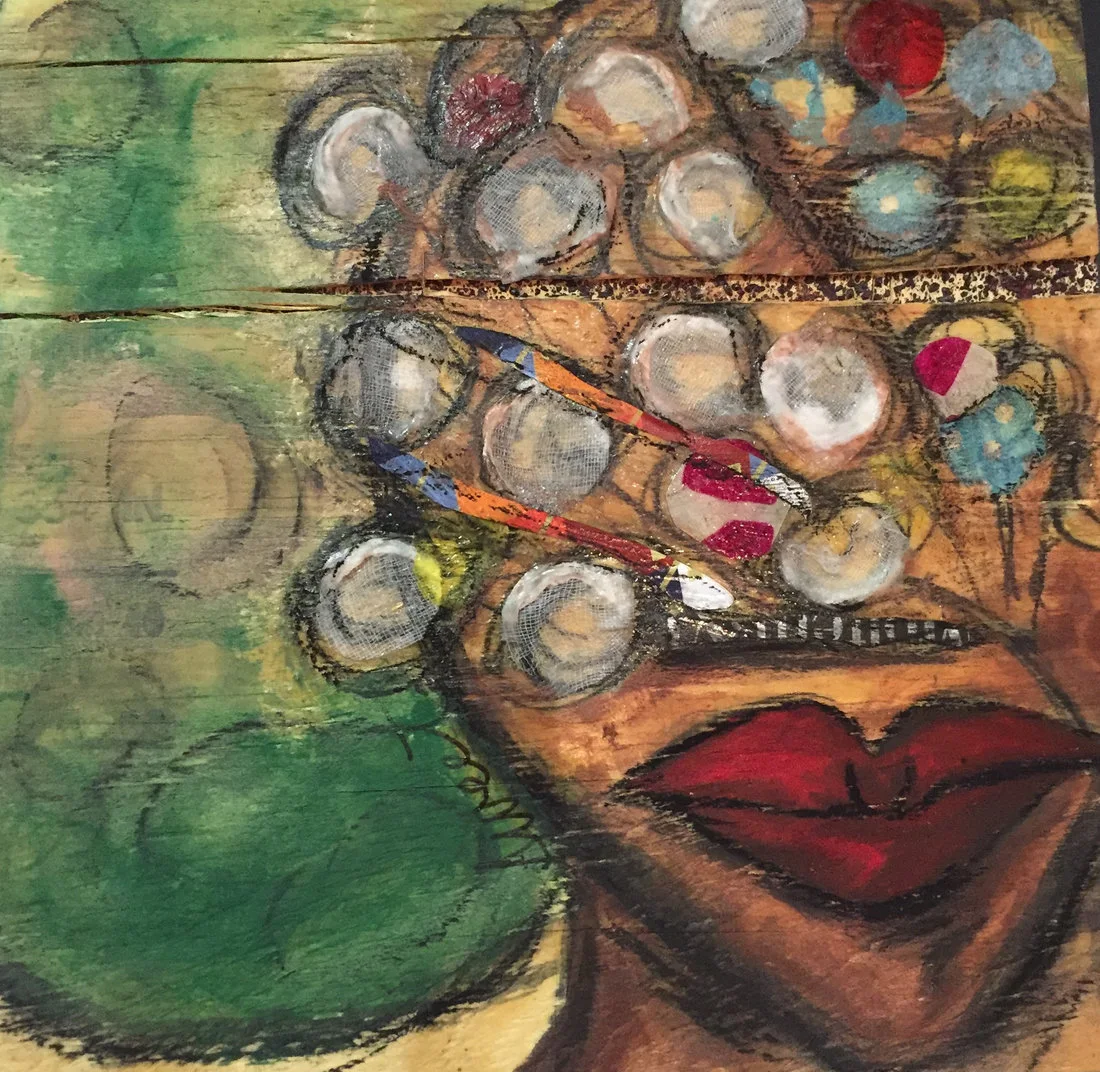 Soft green, warm gold, and expressive figurative collage from Stop and Smell the Roses by Tye Johnson
