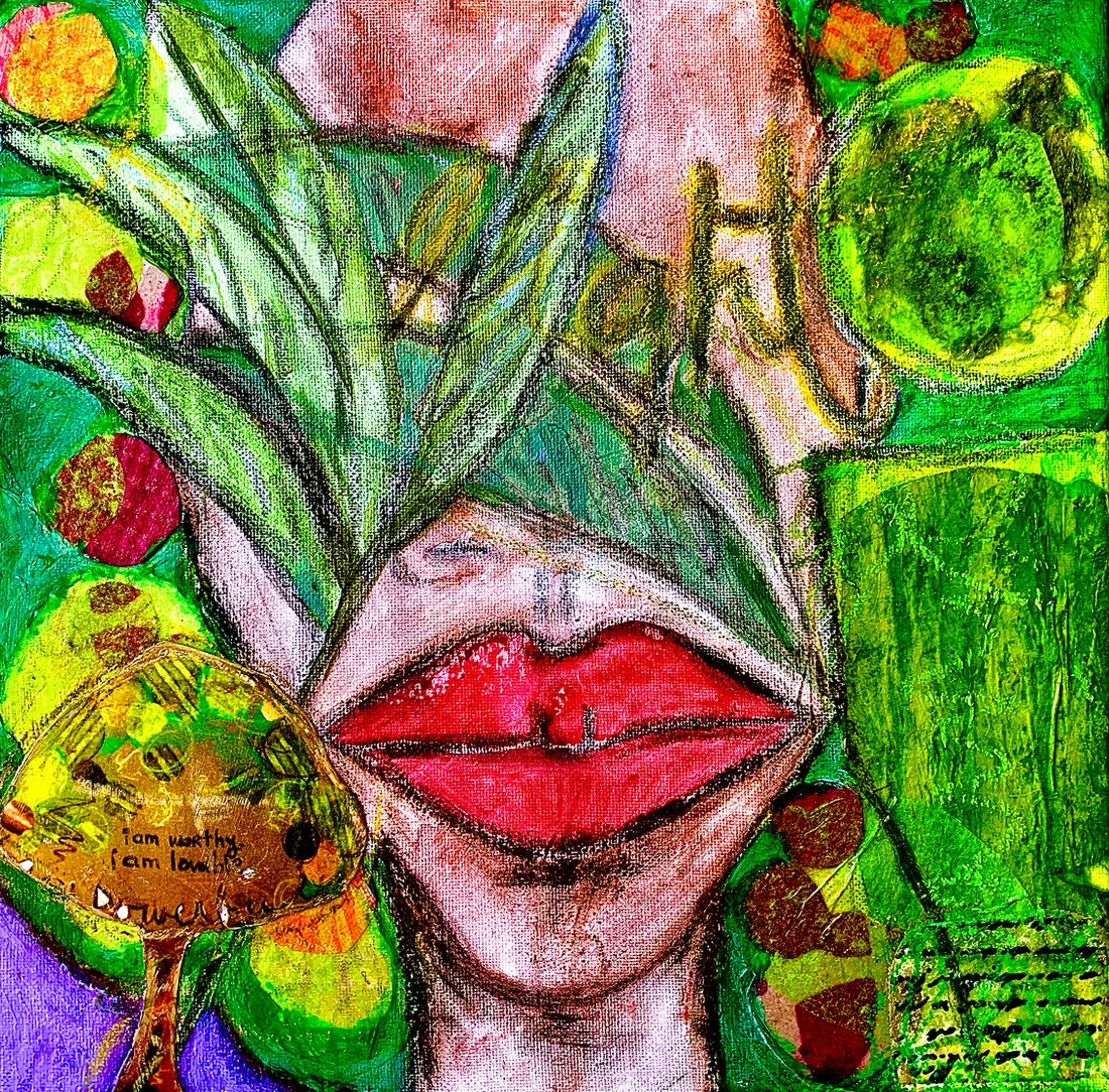Green botanical forms and expressive figurative detail from sage(d)… by Tye Johnson